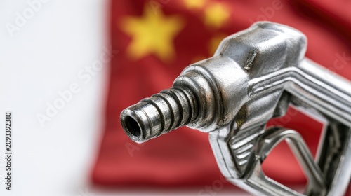 Metallic fuel nozzle in foreground, Chinese flag in background