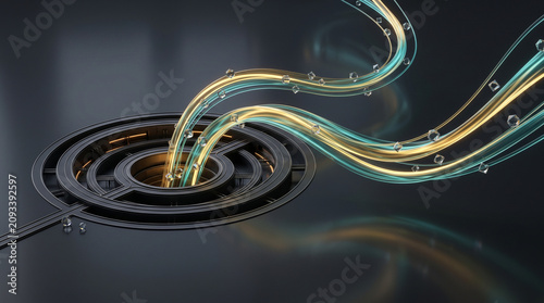 Glowing lines emerge from a circular device on a dark surface