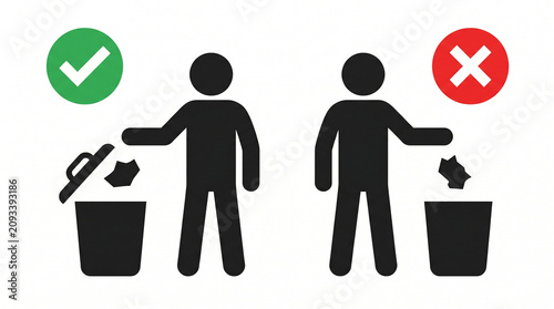 Proper waste disposal actions of two people sorting recyclables correctly