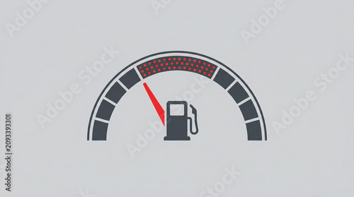 A fuel gauge with a red needle points to a gas pump icon on a dashboard.