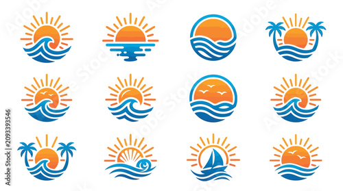 Collection of beach icons with sun and waves.