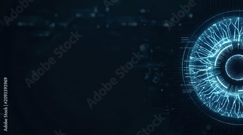 Digital eye with glowing blue iris and circuit patterns on dark tech background, representing artificial intelligence, cybersecurity, and digital vision for technology concepts.