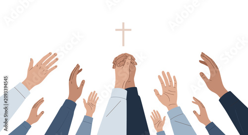 Photos Diverse hands raised in prayer and worship toward christian cross for unity and spiritual community gathering concepts