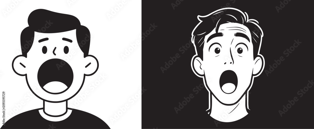 Obraz premium Surprised man face vector illustrations in flat and comic styles with shocked expression open mouth and wide eyes for reaction and emotion