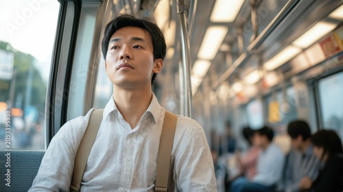 Asian man commuting on a crowded train while holding a strap during the morning rush hour