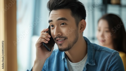 Asian man receiving a work call while spending quality time with his partner at home