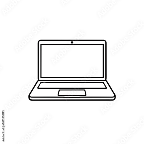 Open laptop with screen, webcam, and touchpad, minimalist black outline icon. Simple vector illustration symbolizing technology, work, communication, and digital design concepts.
