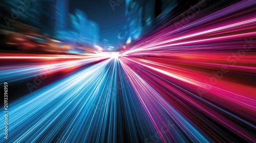 Streaking lights of red and blue blur down a city street at night