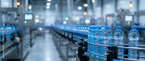 Plastic water bottles moving along conveyor belt in modern beverage manufacturing facility with industrial equipment and blurred background for production and packaging concepts.