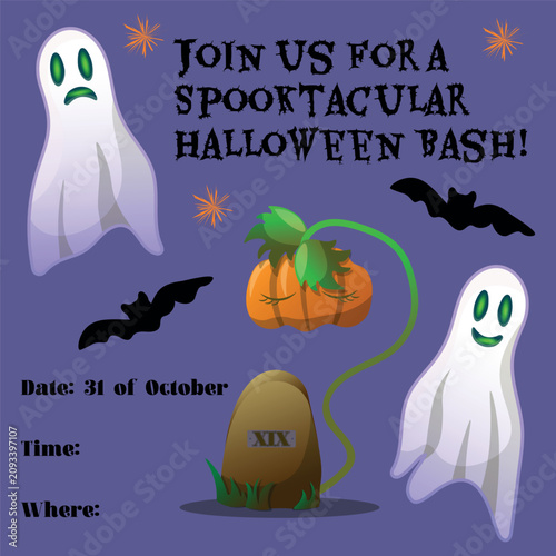 Canvastavla Halloween party invitation flyer or card with illustration of ghosts, sleeping p