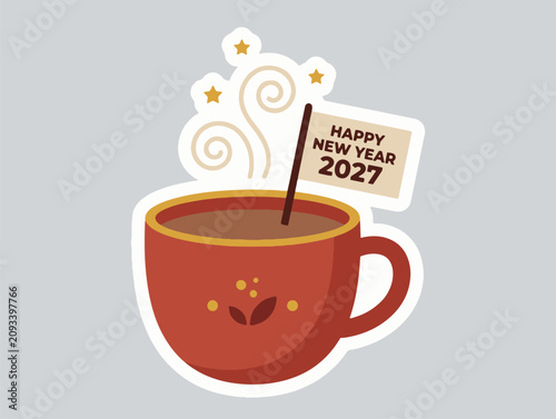 Red coffee cup with decorative steam and happy new year 2027 flag on light gray background