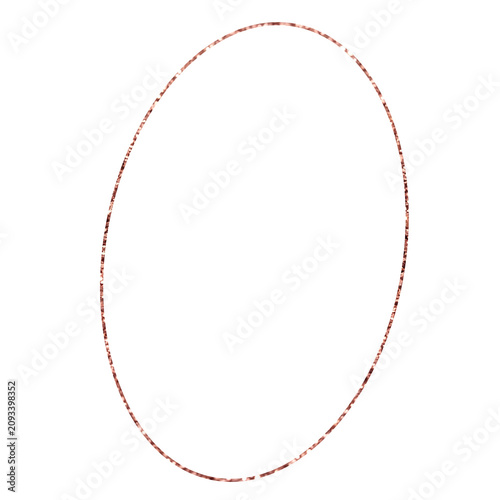 Single line oval frame with metallic rose gold glitter texture, minimalist geometric border isolated on transparent background