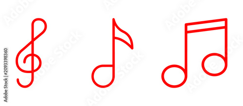 red music note icon set with treble clef and eighth notes representing sound melody audio and musical composition symbol vector png