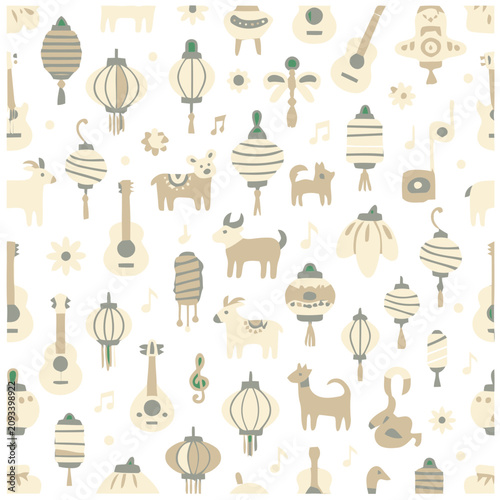 Seamless pattern with cartoon animals and lanterns