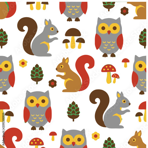 Seamless pattern with cartoon forest animals and mushrooms