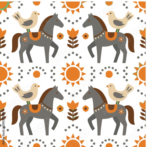 Seamless pattern with horses, birds, and suns