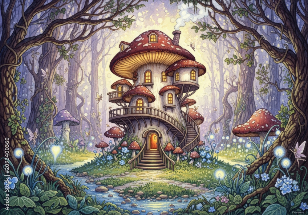 Fototapeta premium Enchanted fairy house shaped like giant mushroom hidden inside magical misty forest with glowing plants and small fairies flying all around.