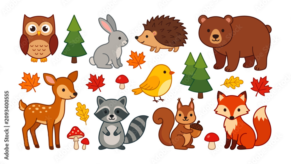 Fototapeta premium Forest Animals Vector Set, Cute Woodland Creature Illustration