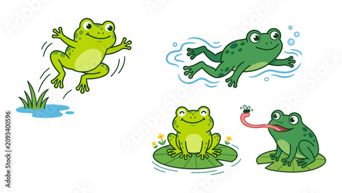 Konstfotografi Cute Frog Vector Set in Flat Cartoon Style