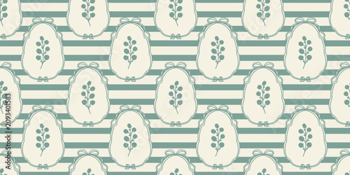 Vintage seamless pattern featuring elegant botanical sprigs inside decorative frames over soft green horizontal stripes