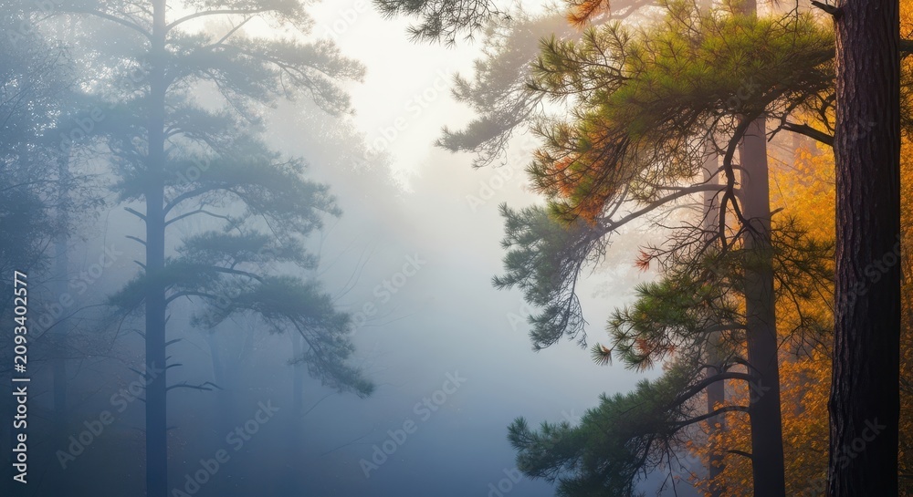 Fototapeta premium Dense fog blankets a serene forest during the early morning hours of autumn, creating a mystical atmosphere among the tall pine trees, tranquility, dreamlike, gray