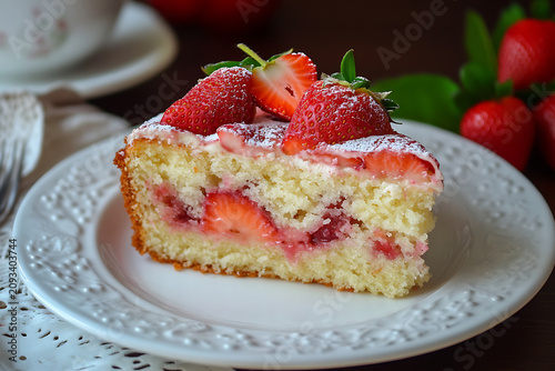 Fresh Strawberry Cake Slice with Powdered Sugar.