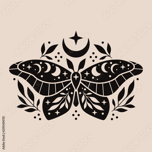 Mystic celestial moth illustration. Witchy esoteric vector butterfly with stars, crescent moon and botanical leaves.