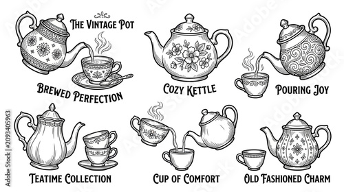 Photos Vintage Teapots Collection: Hand-Drawn Illustrations of Tea Time