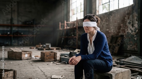 Frightened Woman Blindfolded in Abandoned Warehouse