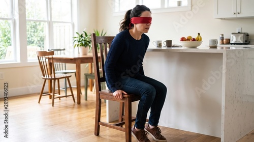 Woman with Red Blindfold Sitting in Bright Dining Room