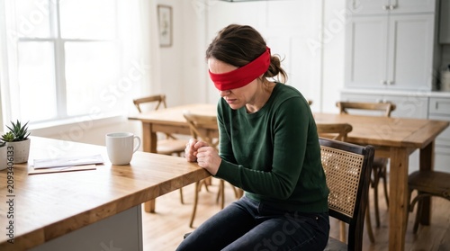 Woman with Red Blindfold Sitting in Bright Dining Room Showing Fear