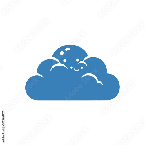 Tableau sur toile Cute blue cloud with a smiling face peeking from behind a full moon, representin