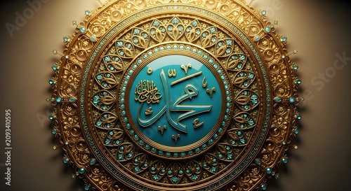 Ornate Prophet Muhammad Arabic Calligraphy in Turquoise and Gold Medallion for Islamic Wall Art, Ramadan Greetings, Eid Cards, Religious Posters, and Spiritual Decoration