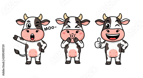 Cute Cartoon Cow Characters Showing Emotions and Gestures.
