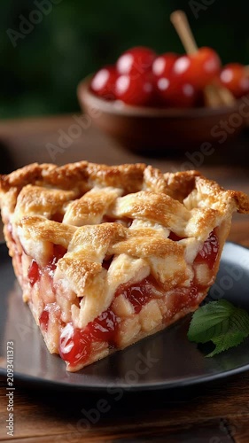 Delicious cherry pie slice on plate with fresh fruit background