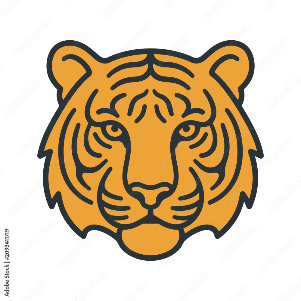 Fototapeta premium Tiger face illustration with black outline.