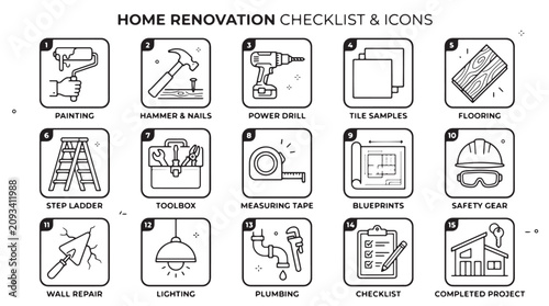 Home renovation icons, construction checklist symbols, building tools vector set, 16 design elements