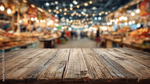 Rustic wooden table foreground with blurred market background for product display