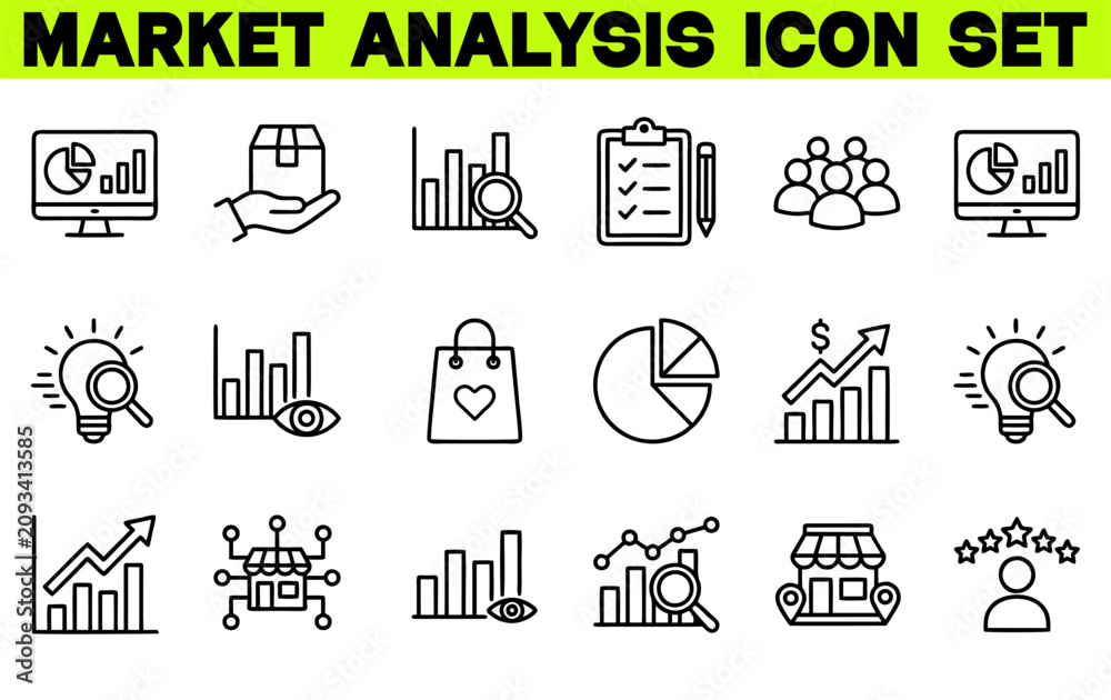 Fototapeta premium Market Analysis Icon Set - Vector Illustration of Market, Growth, Sales, Trends, Research and Strategy Icons