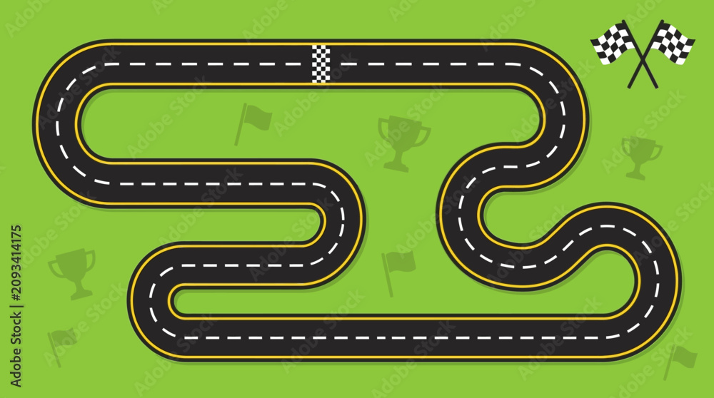 Fototapeta premium Top Down Race Track Circuit Illustration with Checkered Flags and Green Background