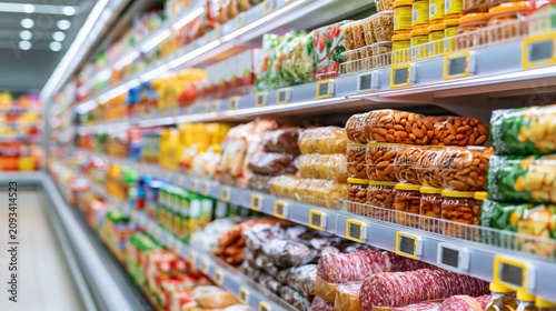 Supermarket aisle with shelves full of packaged food products and snacks