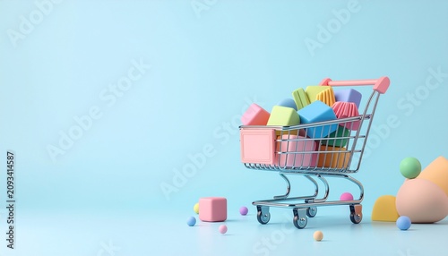Shopping cart filled with colorful toys.