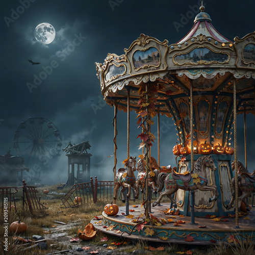 Spooky abandoned carousel with halloween pumpkins in a foggy night fairground transparent background