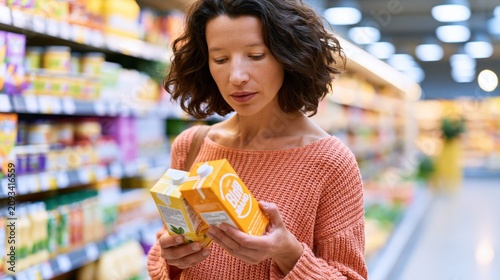 Woman comparing store brand and national brand products in a supermarket aisle