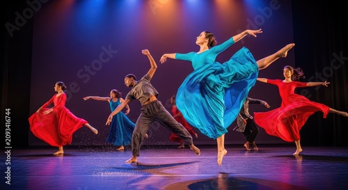 Professional contemporary dancers performing on stage in color