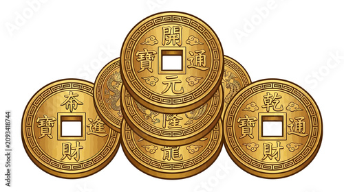 Foto Ancient Chinese Coins with Square Holes, Feng Shui Wealth Symbols