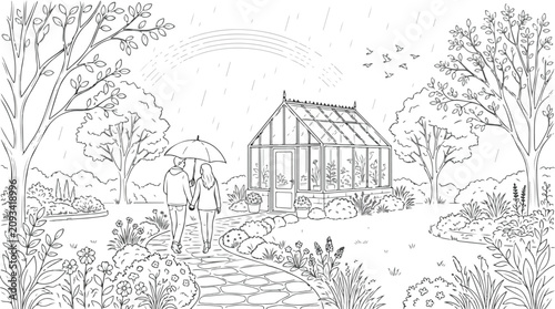 Photos Hand drawn coloring page of a couple walking in the rain towards a garden greenh
