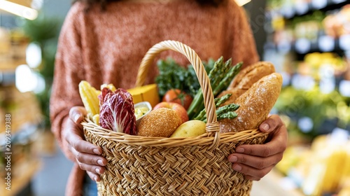 Woman holding a basket filled with fresh groceries and bread from the market