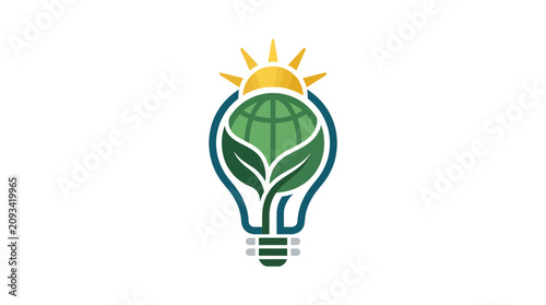 Eco friendly light bulb with green leaf and sun.