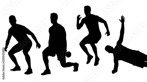 Bild auf Leinwand Fitness silhouette compilation running lunging jumping and core exercise